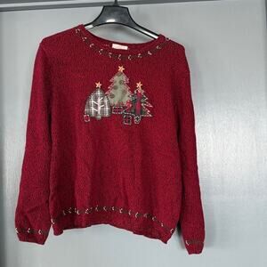 Vintage Christopher Banks Red Hand Embroidered Christmas Tree Sweater  Sz L
